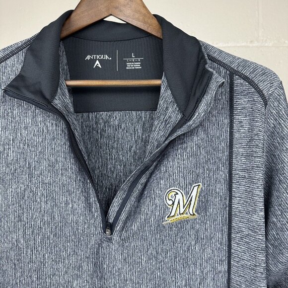 Antigua Milwaukee Brewers MLB Quarter Zip Mens Size Large Blue Gray Retro Logo - Picture 2 of 6